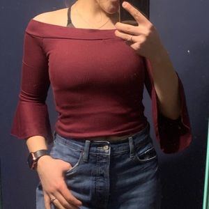 Cute Off the Shoulder Cropped Maroon Top with Flutter Sleeves and Bow in Back